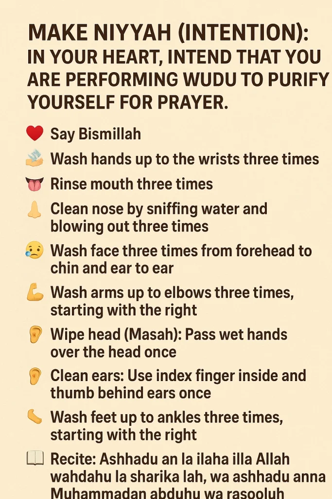 Reward: The Prophet ﷺ said that a person who performs wudu perfectly will have his minor sins forgiven.